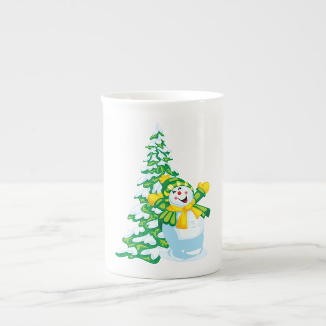 Happy Snowman Cartoon Bone China Mug (Front)