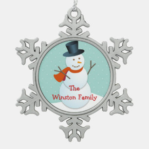 Happy snowman Chrismas greeting keepsake Snowflake Pewter Christmas Ornament