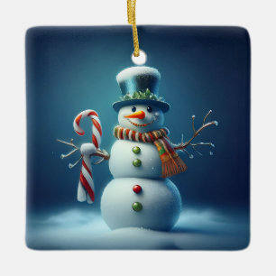 Happy Snowman Dancing In Snow Ceramic Ornament