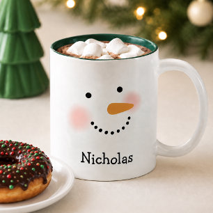 Happy Snowman Face Green Custom Name Two-Tone Coffee Mug