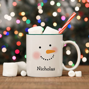 Happy Snowman Face Green Custom Name Two-Tone Coffee Mug