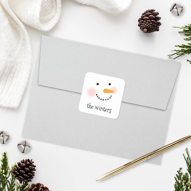 Happy Snowman Face Personalised Family Name Square Sticker (Creator Uploaded)