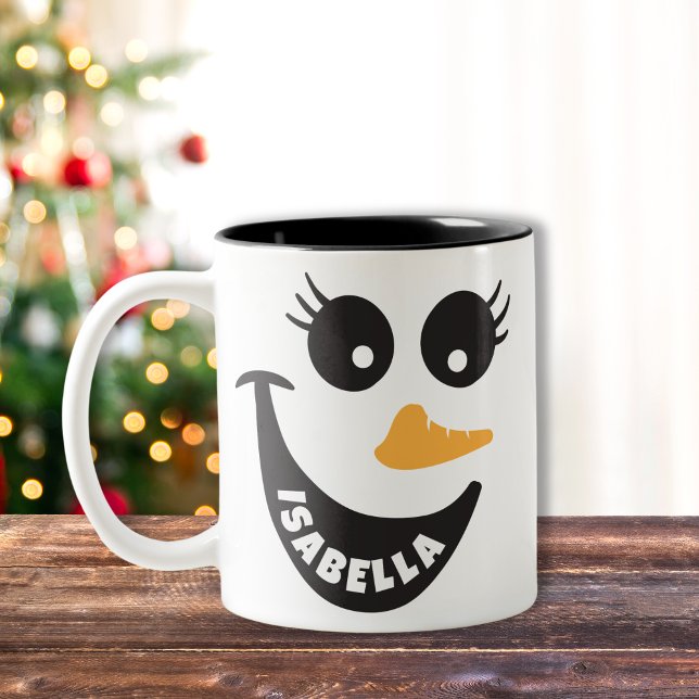 Happy Snowman Face Personalised Name Holiday Gift  Two-Tone Coffee Mug (Custom Christmas snowman face hot chocolate mug)