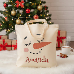 Happy Snowman Face Personalised Name Holiday Tote Bag