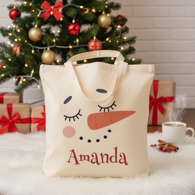 Happy Snowman Face Personalised Name Holiday Tote Bag (Happy Snowman Face Personalized Name Holiday Tote Bag - Just Add Your Name!)