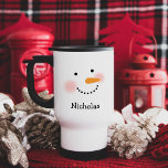 Happy Snowman Face Personalised Name Holiday Travel Mug<br><div class="desc">Cute holiday coffee or hot cocoa travel mug features a happy winter snowman face with warm rosy cheeks,  carrot nose,  eyes and smile made of coal. Snow white,  black,  and orange design colours. Personalise with a name or other custom text.</div>