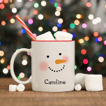 Happy Snowman Face Personalised Name Holiday Two-Tone Coffee Mug<br><div class="desc">Cute holiday coffee / hot cocoa mug features a happy winter snowman face with warm rosy cheeks,  carrot nose,  eyes and smile made of coal. Snow white,  black,  pink and orange design colours. Personalise with a name or other custom text.</div>