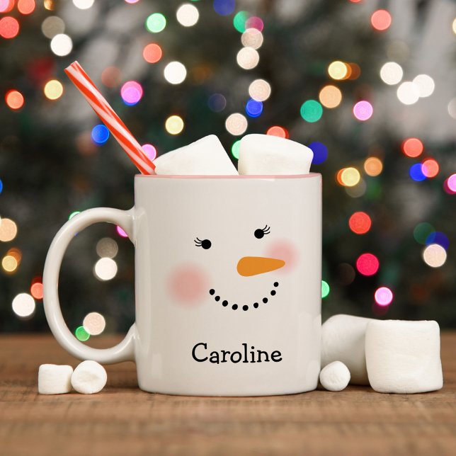 Happy Snowman Face Personalised Name Holiday Two-Tone Coffee Mug (Creator Uploaded)
