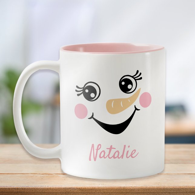 Happy Snowman Face Personalised Name Holiday Two-Tone Coffee Mug (Creator Uploaded)