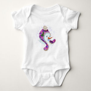 Happy Snowman In Purple Pink Beanie Winter Hat Baby Bodysuit