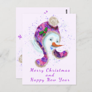 Happy Snowman In Purple Pink Beanie Winter Hat Fun Postcard
