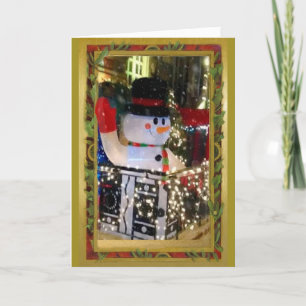 Happy Snowman Lights NYC Streets Vintage Frame Holiday Card