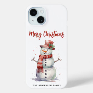 Happy Snowman Merry Christmas Custom Family Name iPhone 15 Case