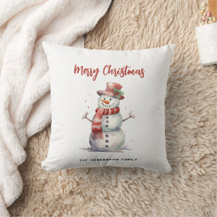Happy Snowman Merry Christmas Custom Family Name Cushion