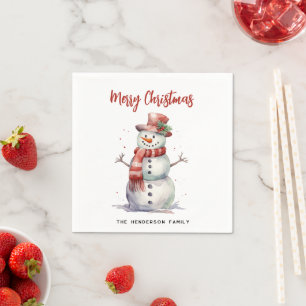 Happy Snowman Merry Christmas Custom Family Name Napkin