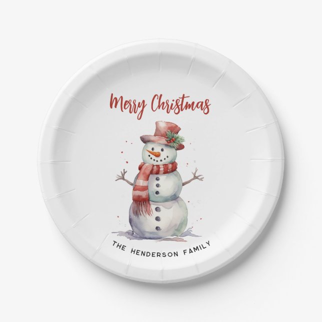 Happy Snowman Merry Christmas Custom Family Name Paper Plate (Front)