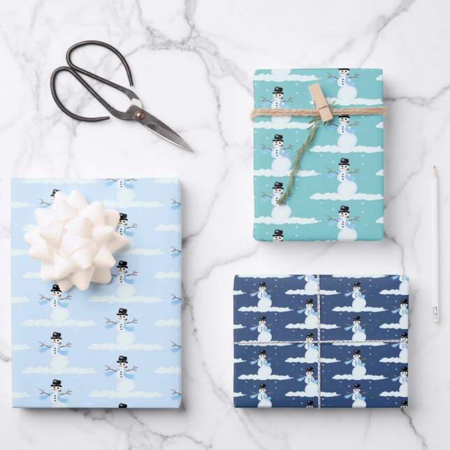 Happy Snowman Pattern Blue Christmas Winter Wrapping Paper Sheet (Front)