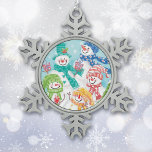 Happy Snowman Retro Christmas Snowflake Pewter Christmas Ornament<br><div class="desc">The five brightly dressed and smiling snowmen on this festive holiday ornament seem quite happy... .and why not? It's getting close to Christmas, and the sky is filled with white snowflakes! This delightful retro image is colourful, bright, and fun. The hats and scarves in blue, green, gold and red brighten...</div>