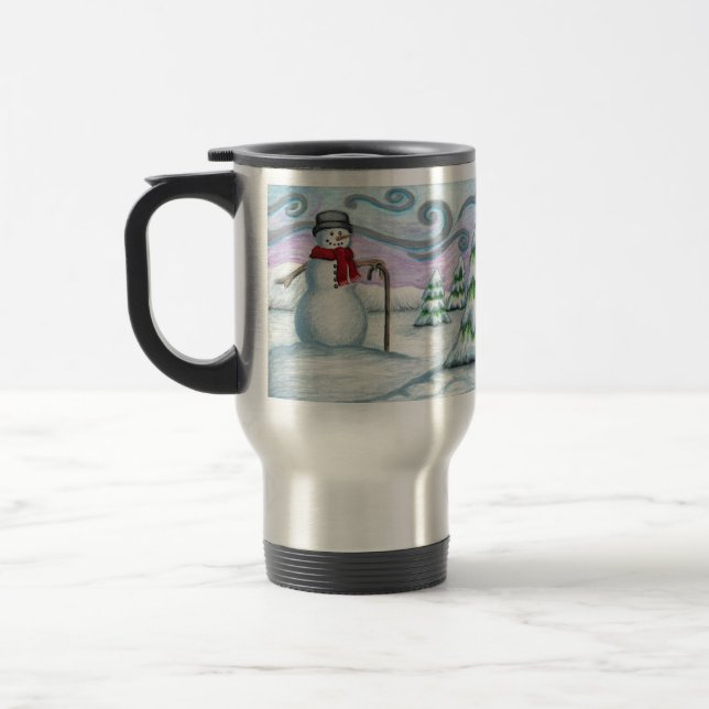 Happy Snowman Seasons Greetings Travel Mug (Left)