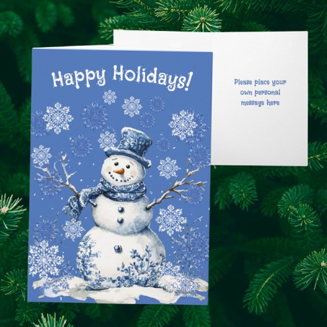 Happy Snowman Snowflakes Blue White Personalised Holiday Card (Personalize this folded holiday card!)
