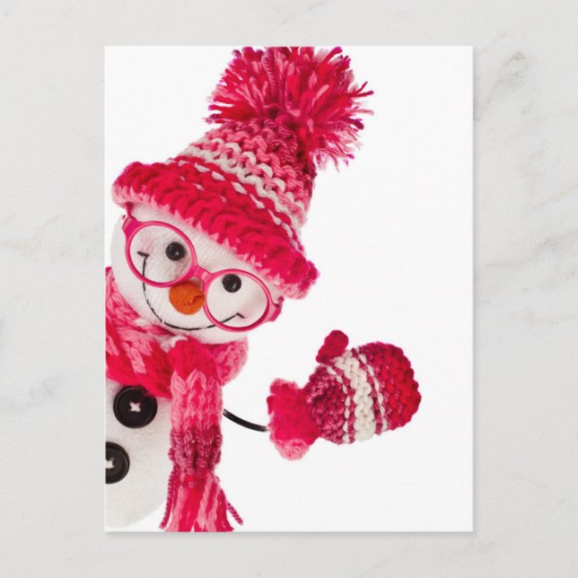 Happy Snowman Spectacled In Knitted Pink Hat Postcard (Front)