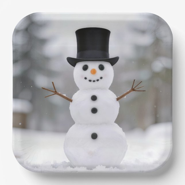 Happy Snowman Wearing a Top Hat Paper Plate (Front)