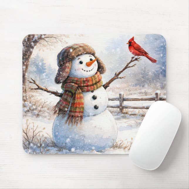 Happy Snowman With Red Cardinal Bird Mouse Pad (With Mouse)