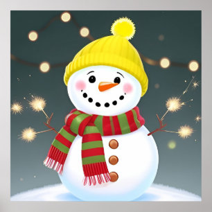 Happy Snowman with Sparklers and Santa Hat Poster