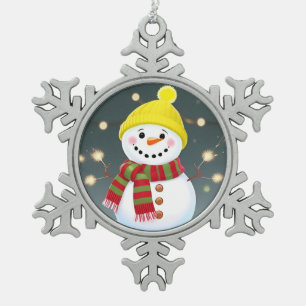 Happy Snowman with Sparklers and Santa Hat Snowflake Pewter Christmas Ornament