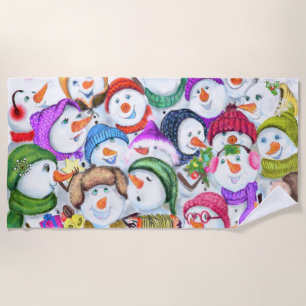 Happy Snowmans Christmas Beach Towel