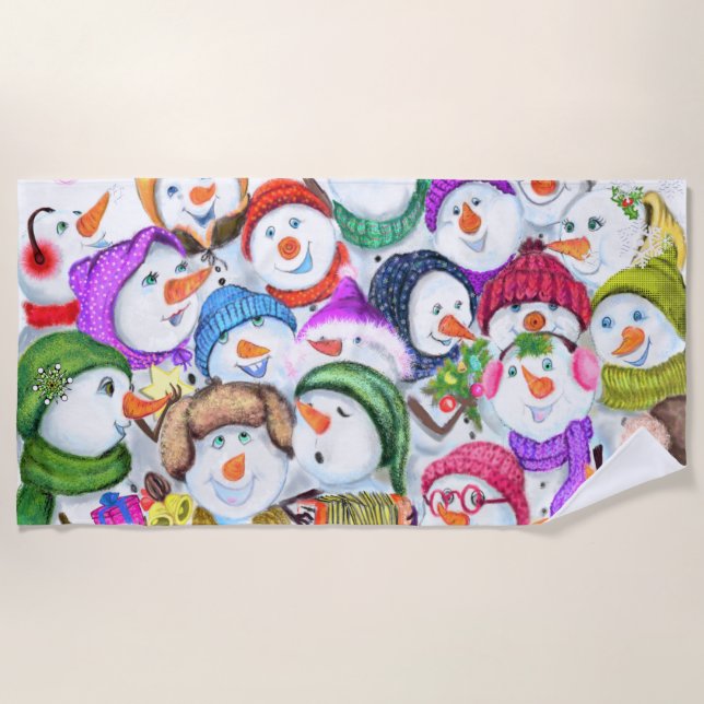 Happy Snowmans Christmas Beach Towel (Front)