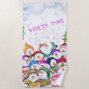 Happy Snowmans Merry Christmas Beach Towel Party
