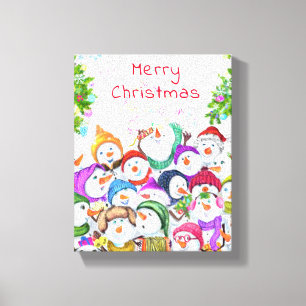 Happy Snowmans Merry Christmas Party Funny Drawing Canvas Print