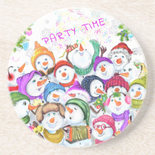 Happy Snowmans Merry Christmas Party Funny Drawing Coaster