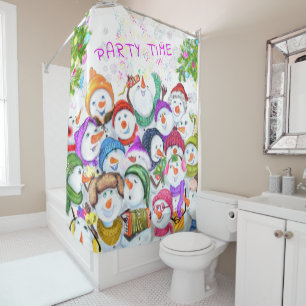 Happy Snowmans Merry Christmas Party Funny Drawing Shower Curtain