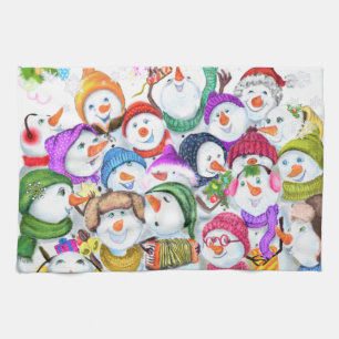 Happy Snowmans Merry Christmas Party Funny Drawing Tea Towel