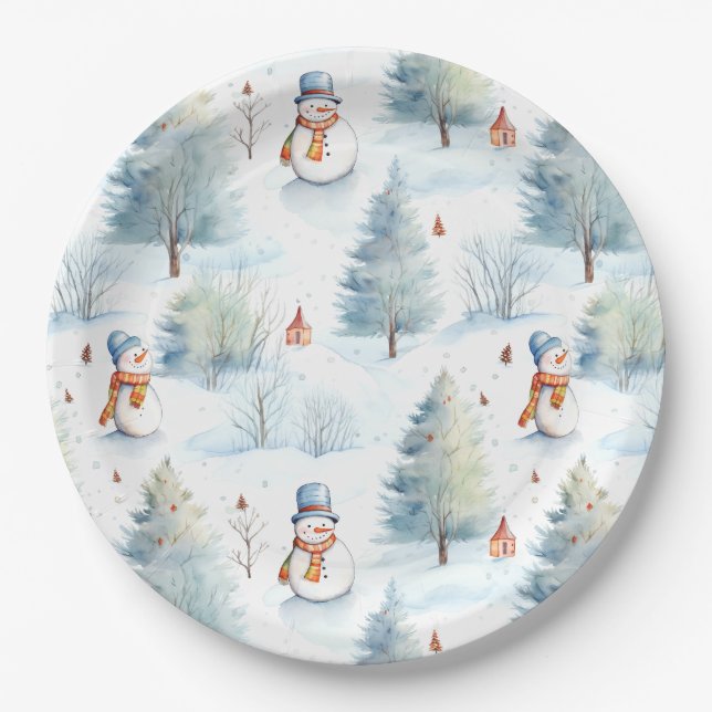 Happy Snowmen Pattern Paper Plate (Front)