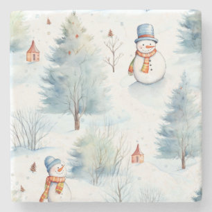 Happy Snowmen Pattern Stone Coaster