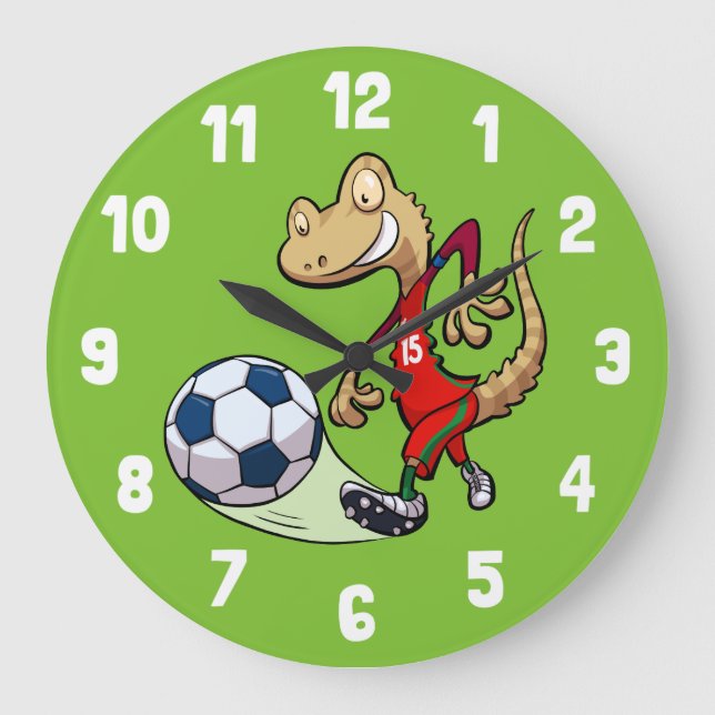 Happy Soccer Star Gecko Kicking Football Cartoon Large Clock (Front)
