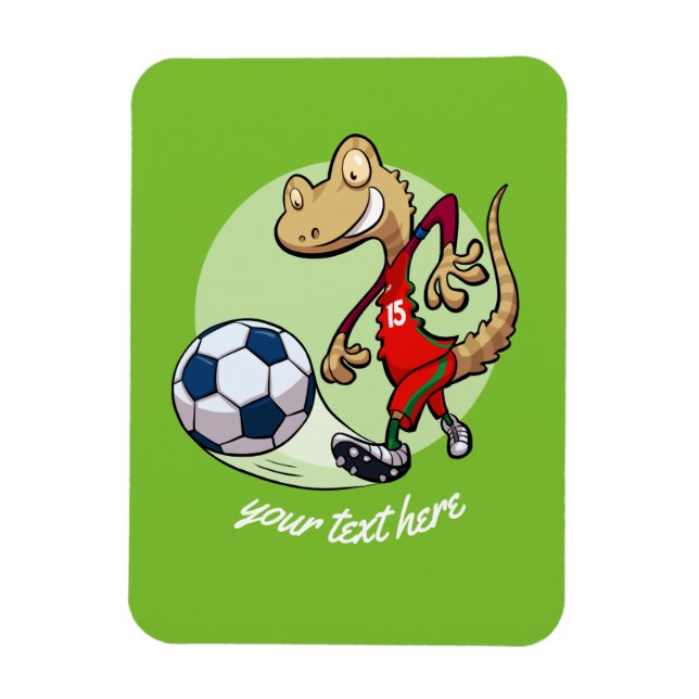 Happy Soccer Star Gecko Kicking Football Cartoon Magnet (Vertical)