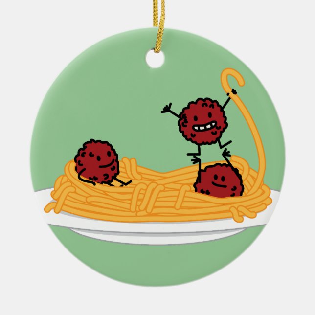 Happy Spaghetti and Meatballs Ceramic Tree Decoration (Front)