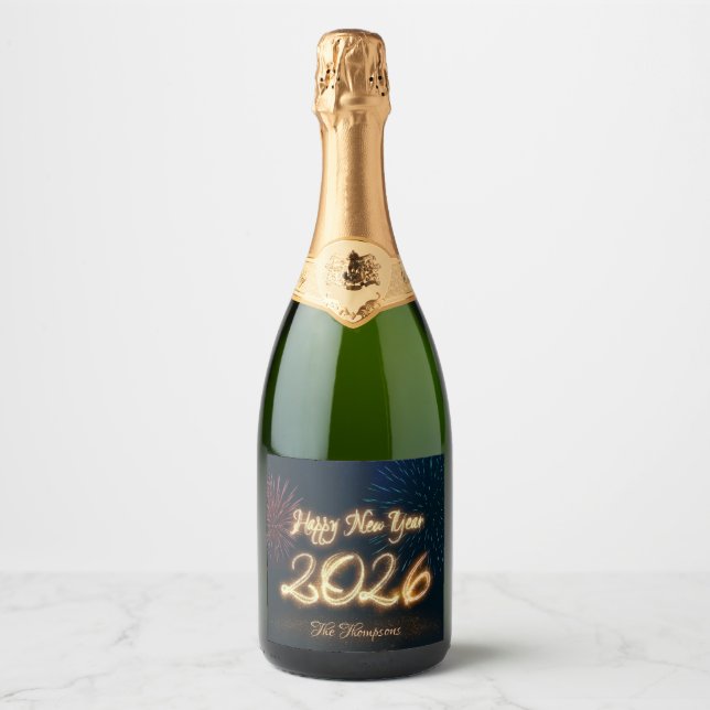Happy Sparkling New Year 2026 Fireworks Sparkling Wine Label (Front)
