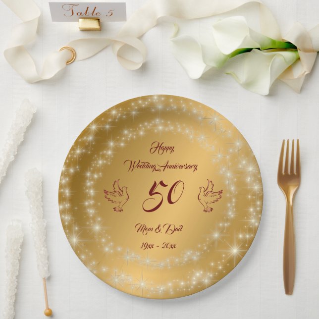 Happy Sparkly Customise Gold 50th Anniversary Paper Plate (Wedding)