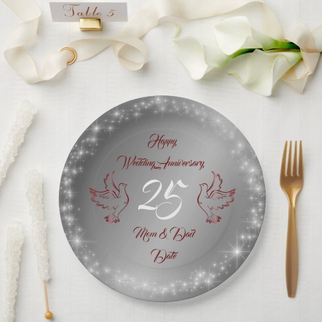 Happy Sparkly Customise Silver 25th Anniversary Paper Plate (Wedding)