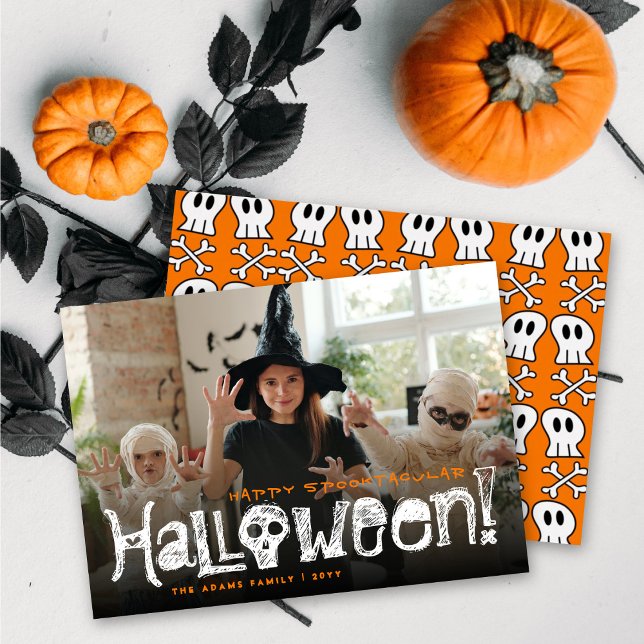 Happy Spooktacular Halloween Skulls & Bones Photo Holiday Card (Creator Uploaded)