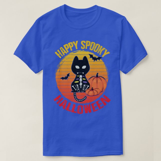Happy Spooky Halloween Cute Cat Skeleton Funny Vin T-Shirt (Design Front)