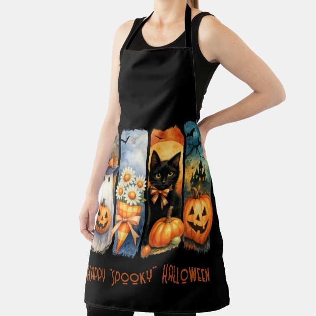 Happy "Spooky" Halloween Pumpkins Black Cat Ghosts Apron (Insitu)