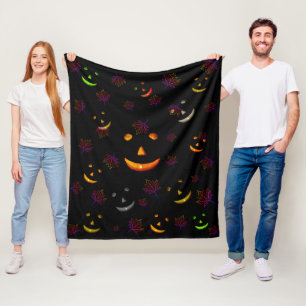 Happy Spooky Jack-O'-lantern Leaves Neon Glow Fleece Blanket