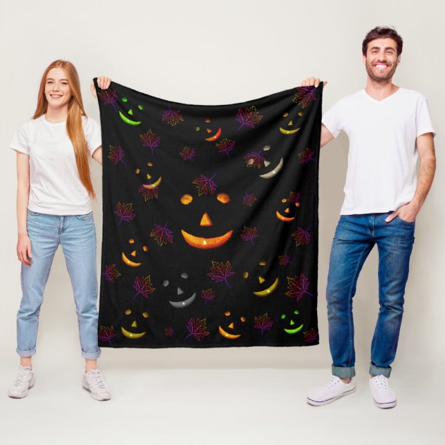 Happy Spooky Jack-O'-lantern Leaves Neon Glow  Fleece Blanket (In Situ)