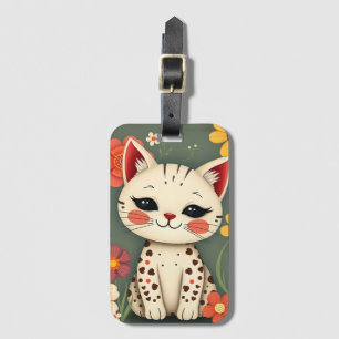 Happy Spotted Kitty with Flowers Luggage Tag